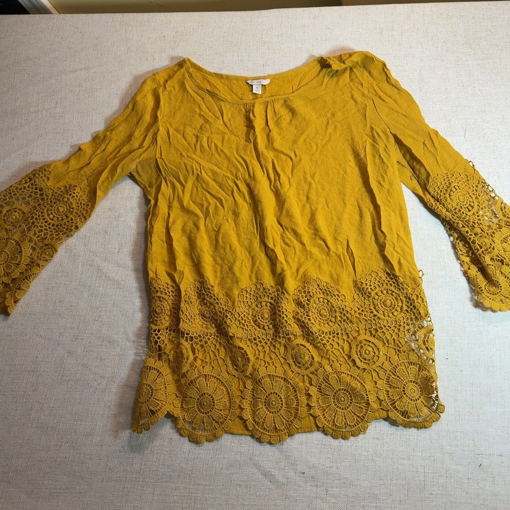 Est. 1946 Long Sleeve Blouse Mustard Yellow Crochet Lace Women's Size Medium